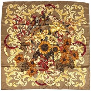 Chanel Scarf Women's Brand Coco Mark Silk Brown Multicolor Sunflowers Floral